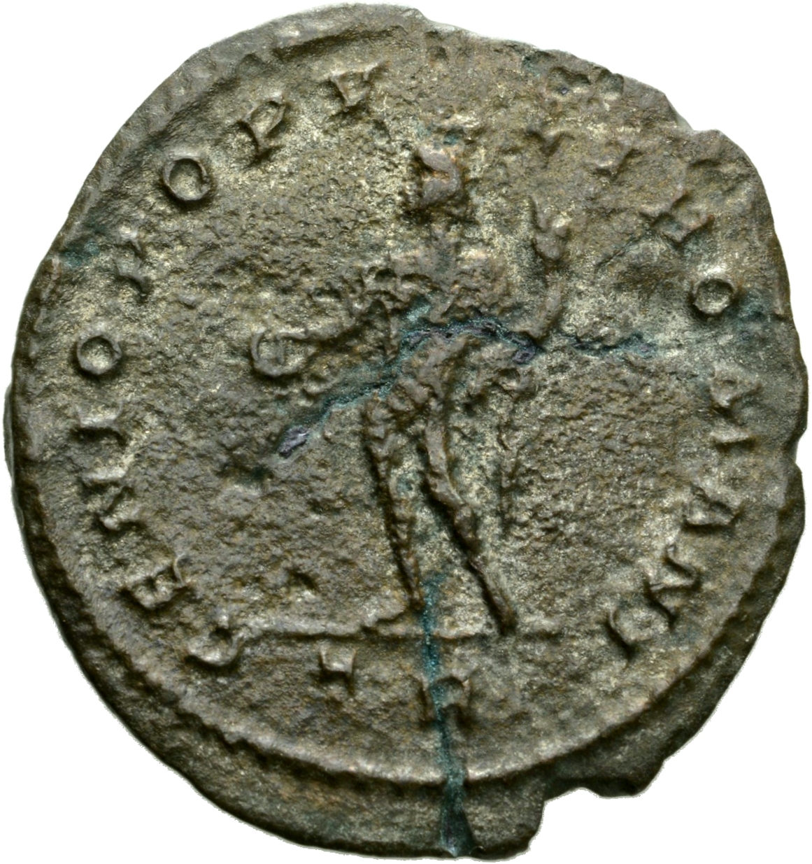 RIC VI Treveri 137b Maximian reverse, Genius, wearing modius, nude, chlamys draped over left shoulder, standing left, hold...