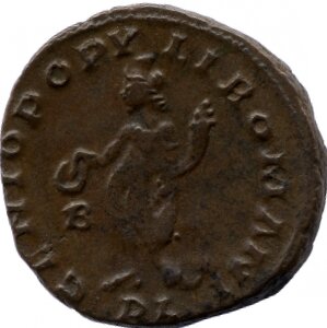 RIC VI Treveri 139b Maximian reverse, Genius, wearing modius, nude, chlamys draped over left shoulder, standing left, hold...