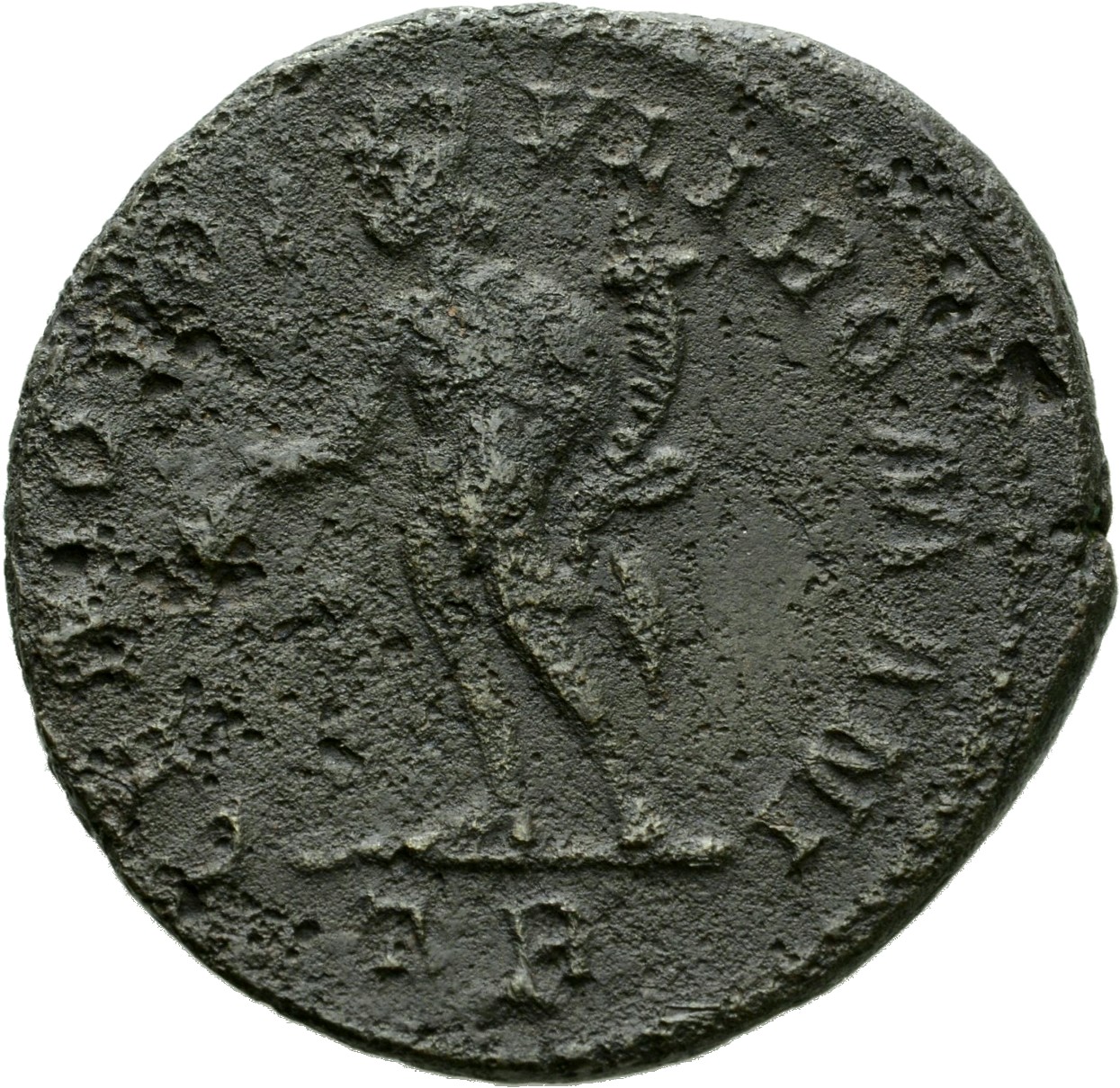 RIC VI Treveri 146a Maximian reverse, Genius, wearing modius, nude, chlamys draped over left shoulder, standing left, hold...