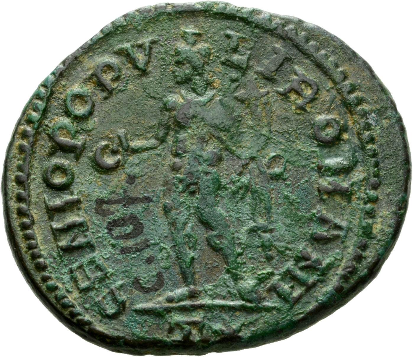 RIC VI Treveri 146a Maximian reverse — Genius, wearing modius, nude, chlamys draped over left shoulder, standing left, hol...