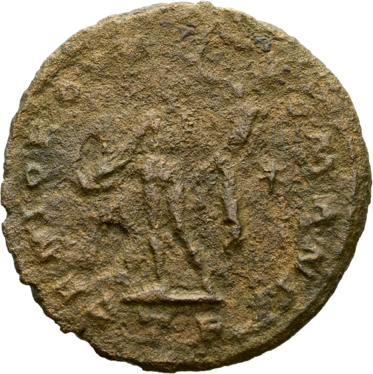 RIC VI Treveri 151a Maximian reverse, Genius, wearing modius, nude, chlamys draped over left shoulder, standing left, hold...