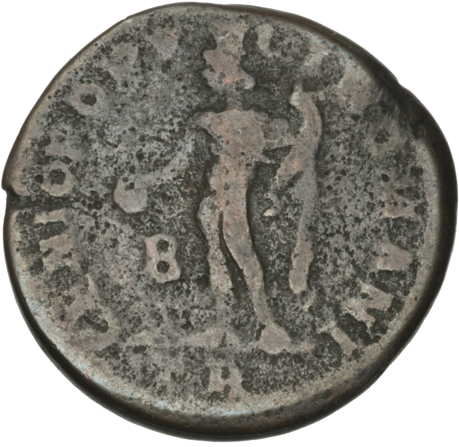 RIC VI Treveri 152a Maximian reverse, Genius, wearing modius, nude, chlamys draped over left shoulder, standing left, hold...