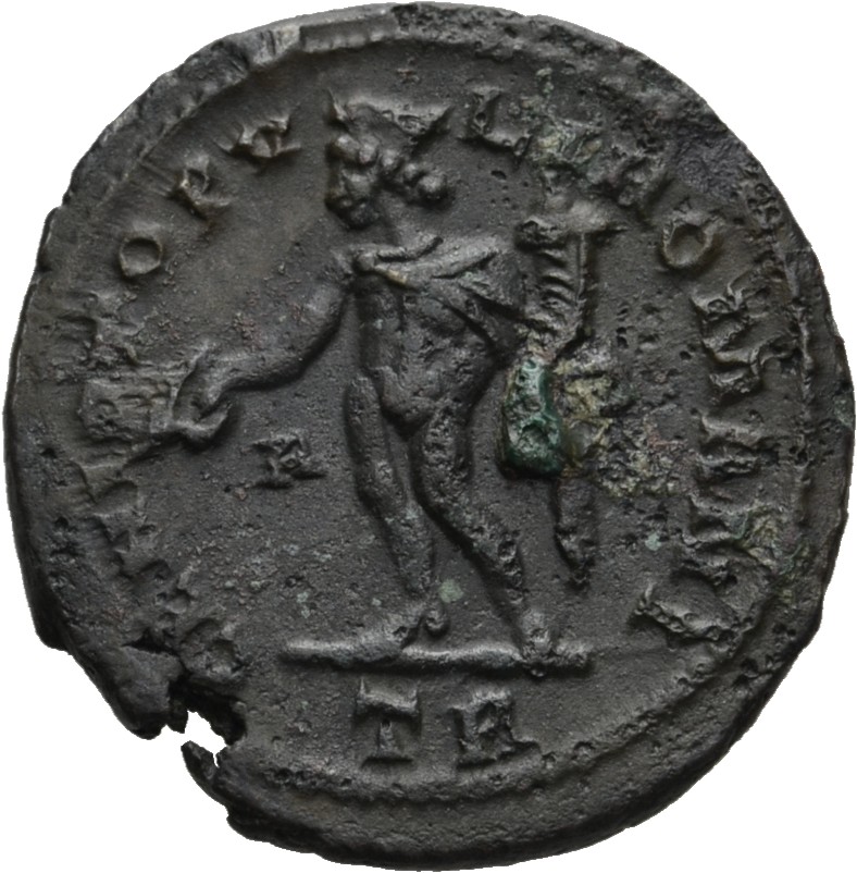RIC VI Treveri 158a Maximian reverse, Genius, wearing modius, nude, chlamys draped over left shoulder, standing left, hold...