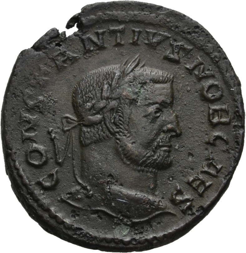 RIC VI Treveri 158a Maximian obverse — Head of Constantius Chlorus, laureate, right
