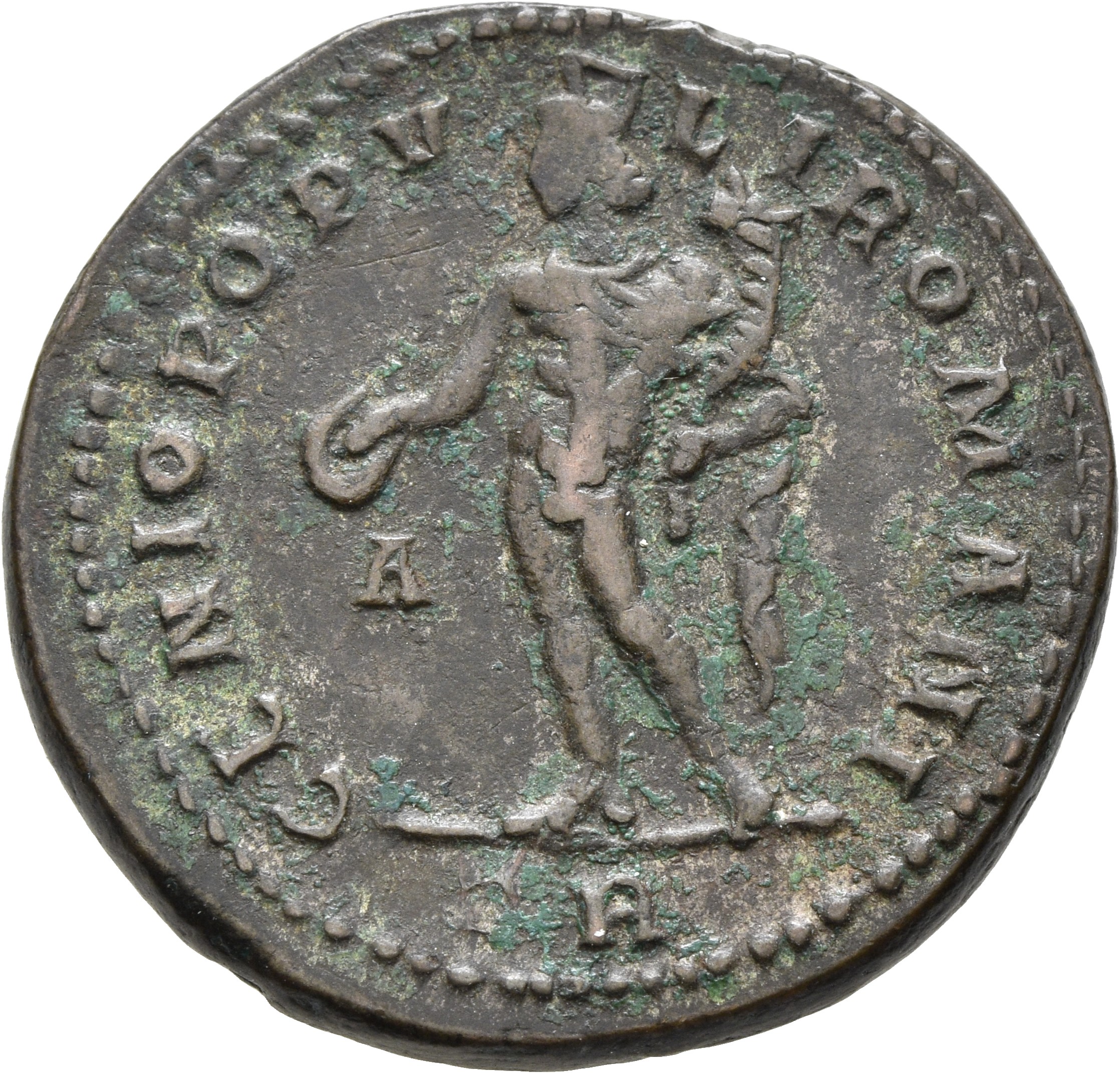 RIC VI Treveri 158b Maximian reverse, Genius, wearing modius, nude, chlamys draped over left shoulder, standing left, hold...