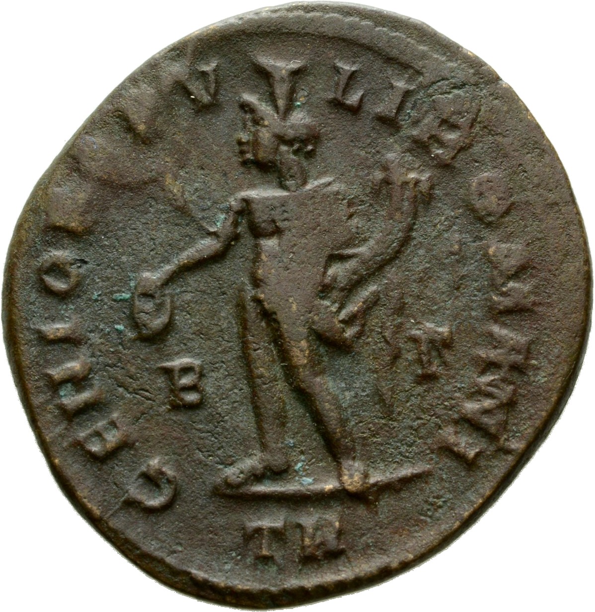 RIC VI Treveri 170b Maximian reverse, Genius, wearing modius, nude, chlamys draped over left shoulder, standing left, hold...