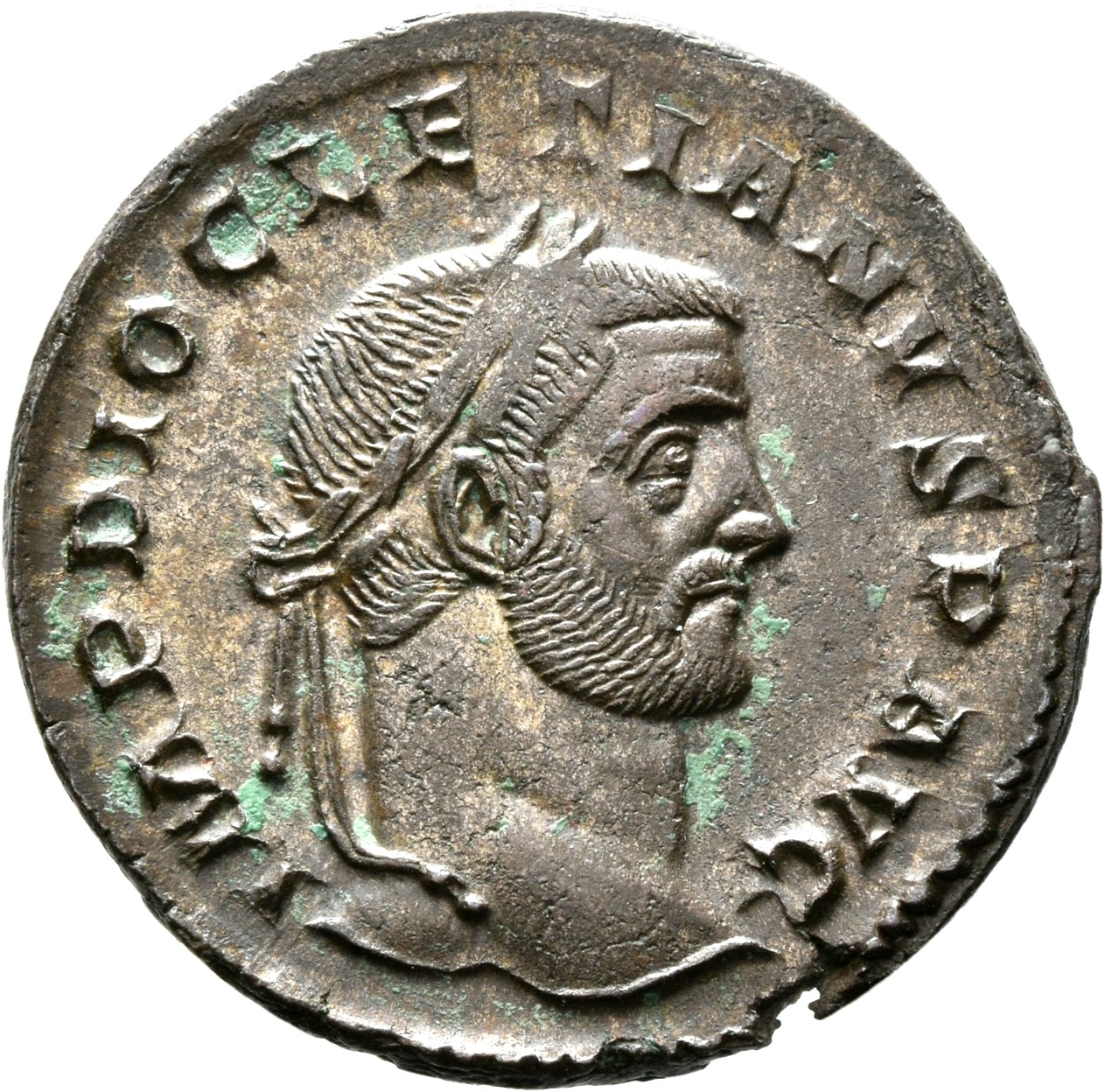 RIC VI Treveri 181a Maximian obverse, Head of Diocletian, laureate, right
