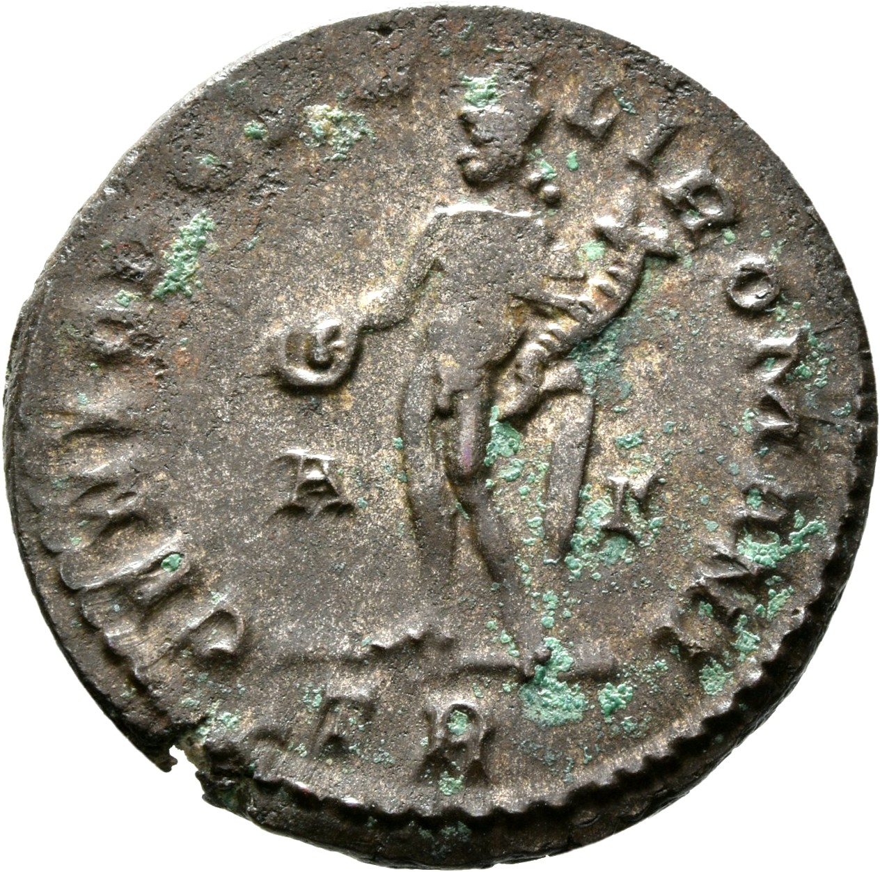 RIC VI Treveri 181a Maximian reverse, Genius, wearing modius, nude, chlamys draped over left shoulder, standing left, hold...