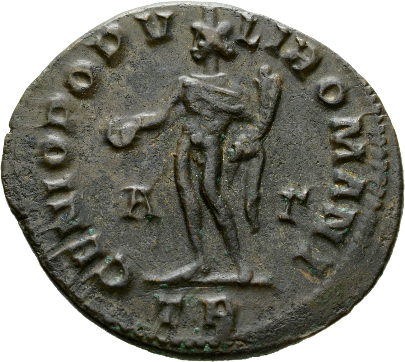 RIC VI Treveri 181b Maximian reverse, Genius, wearing modius, nude, chlamys draped over left shoulder, standing left, hold...