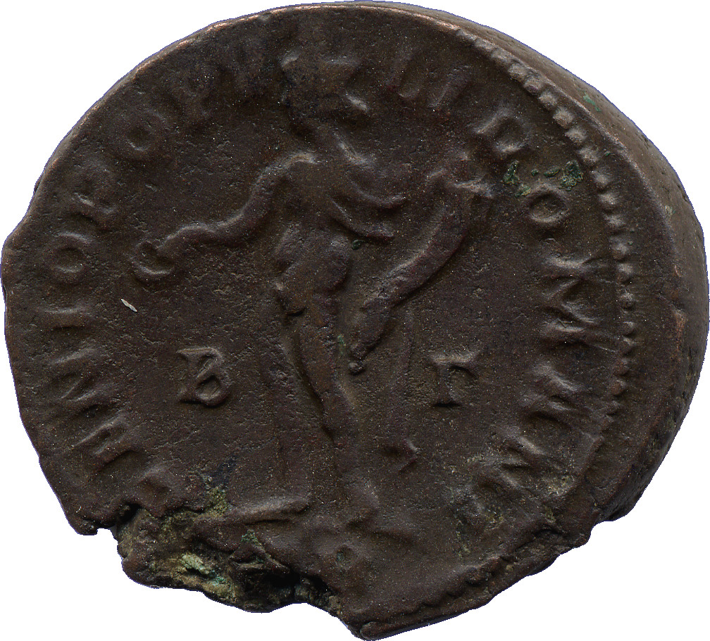 RIC VI Treveri 181b Maximian reverse — Genius, wearing modius, nude, chlamys draped over left shoulder, standing left, hol...