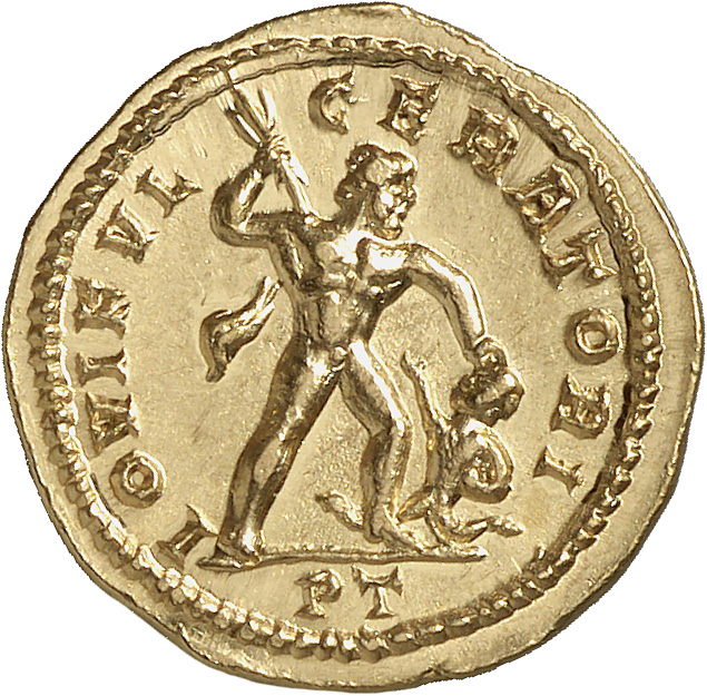 RIC VI Treveri 20 Maximian reverse, Jupiter, standing right, hurling thunderbolt at giant with right hand