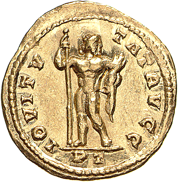 RIC VI Treveri 21 Maximian reverse, Jupiter, standing front, head right, leaning on sceptre with right hand and holding th...