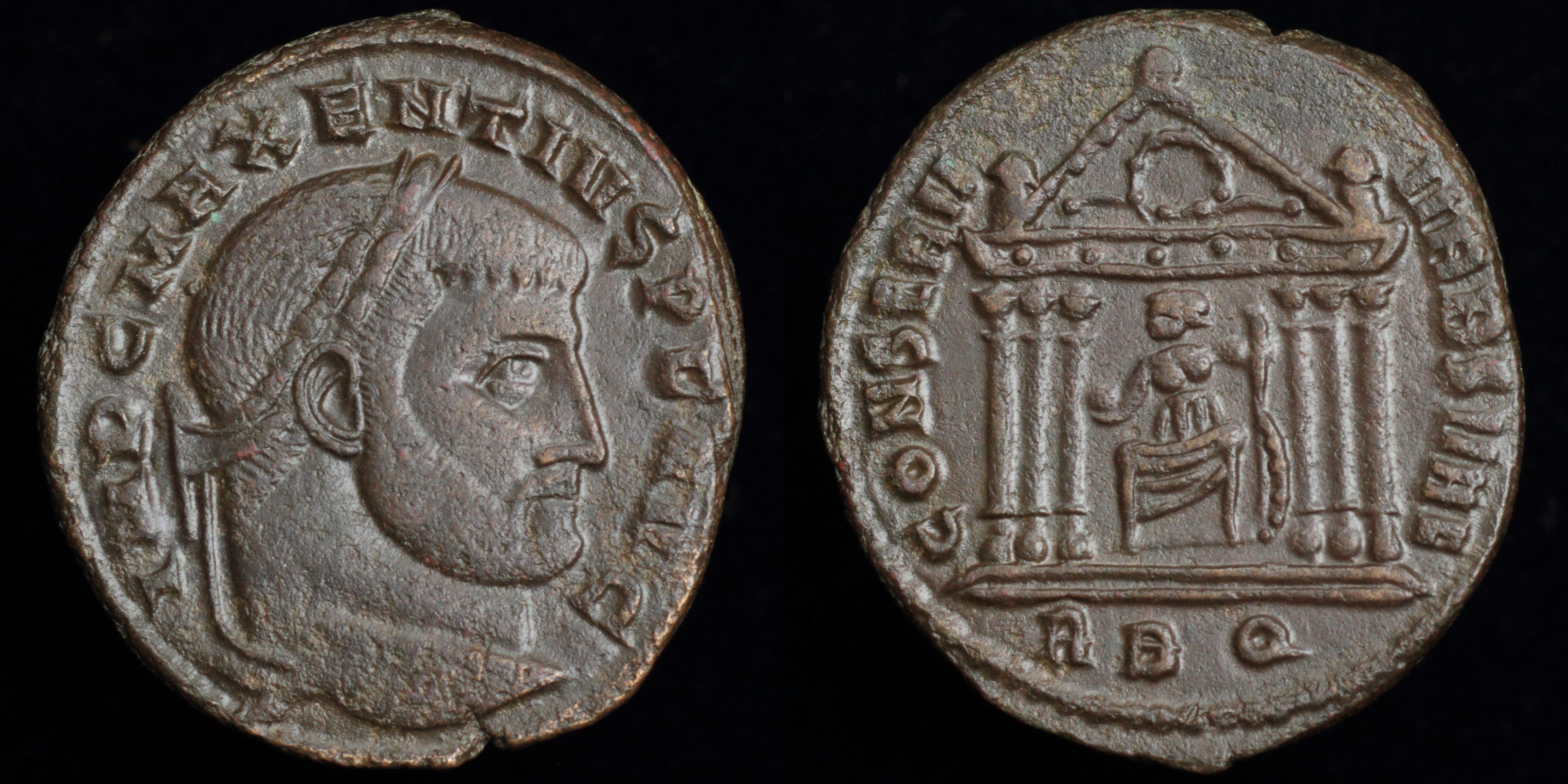 RIC VI Treveri 210 Maximian obverse, Bust of Constantius Chlorus, laureate, draped, left
