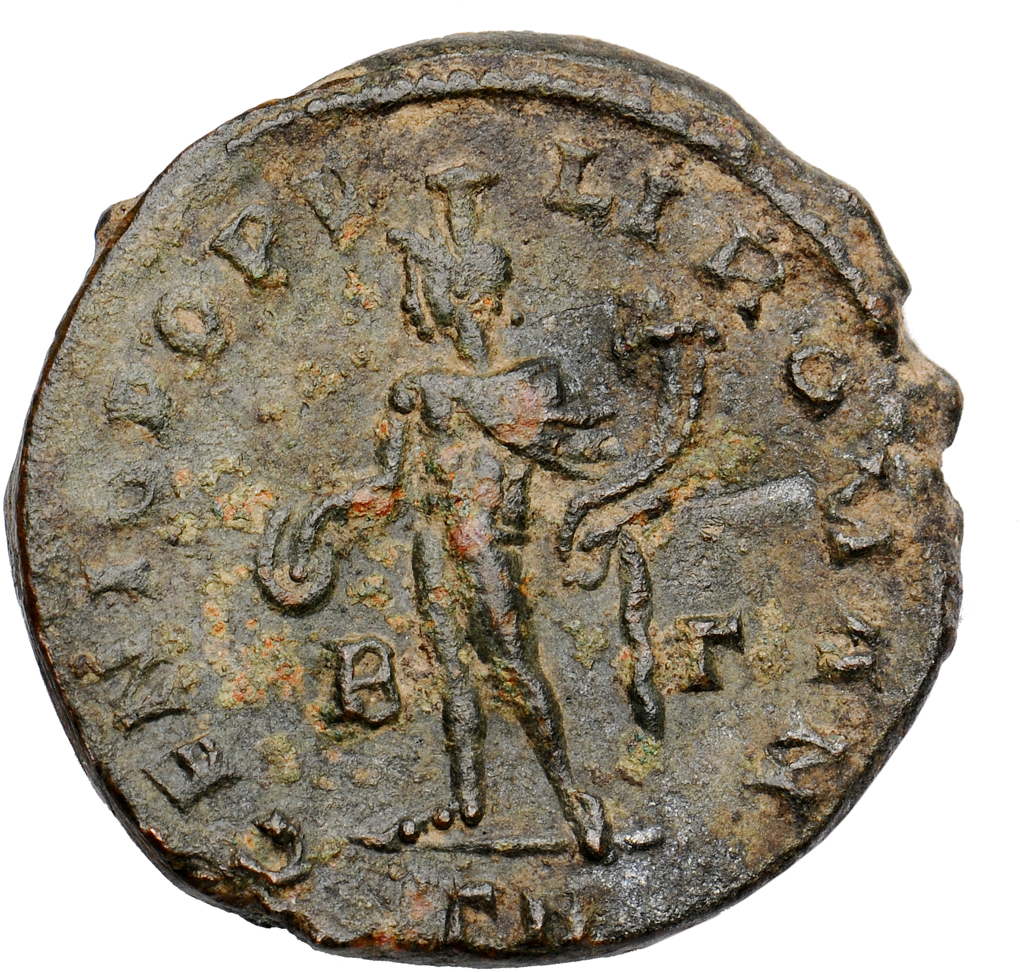 RIC VI Treveri 213a Maximian reverse, Genius, wearing modius, nude, chlamys draped over left shoulder, standing left, hold...