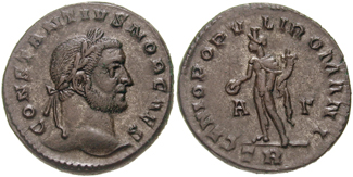 RIC VI Treveri 213a Maximian obverse — Head of Constantius Chlorus, laureate, right