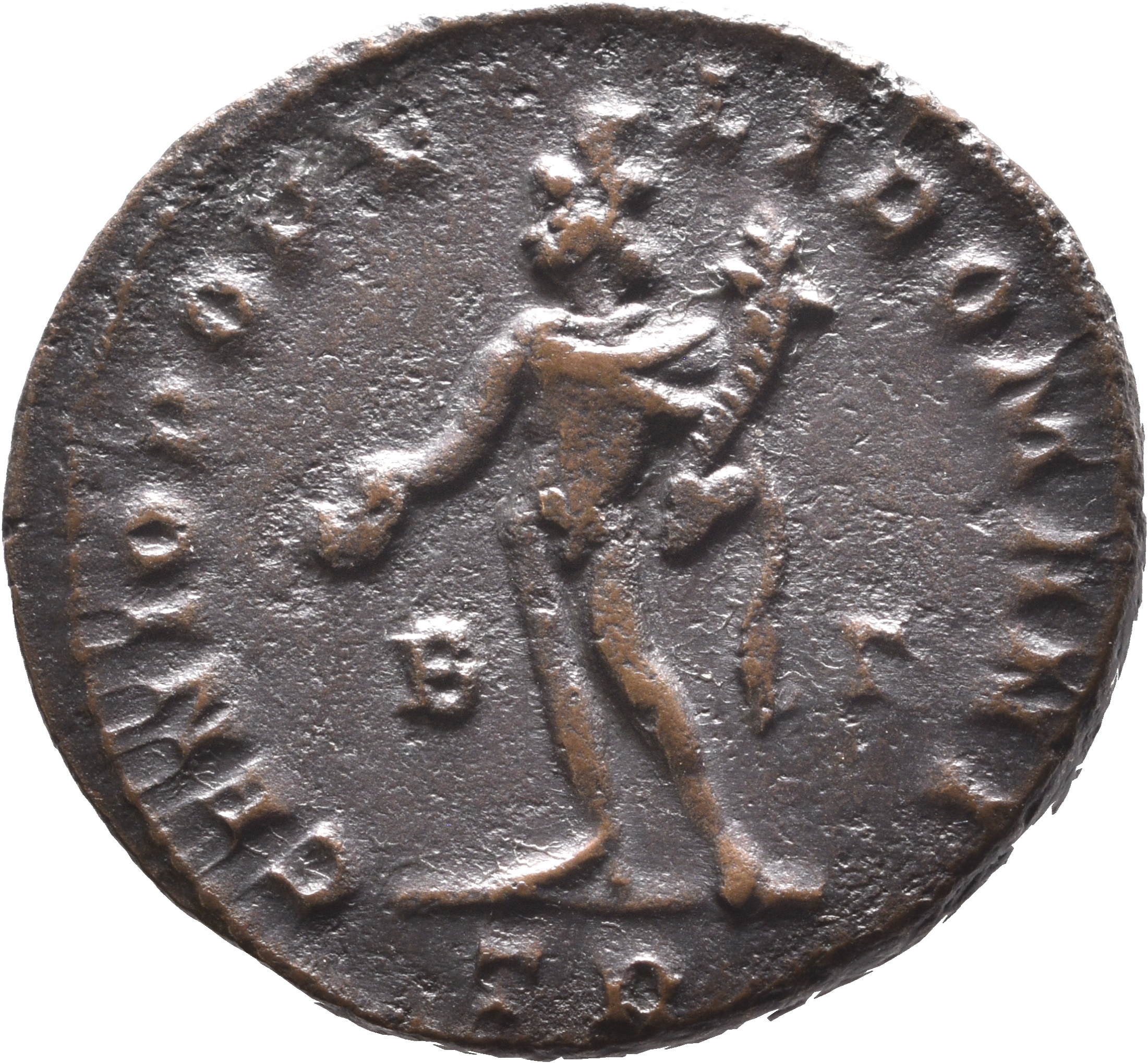 RIC VI Treveri 213a Maximian reverse — Genius, wearing modius, nude, chlamys draped over left shoulder, standing left, hol...
