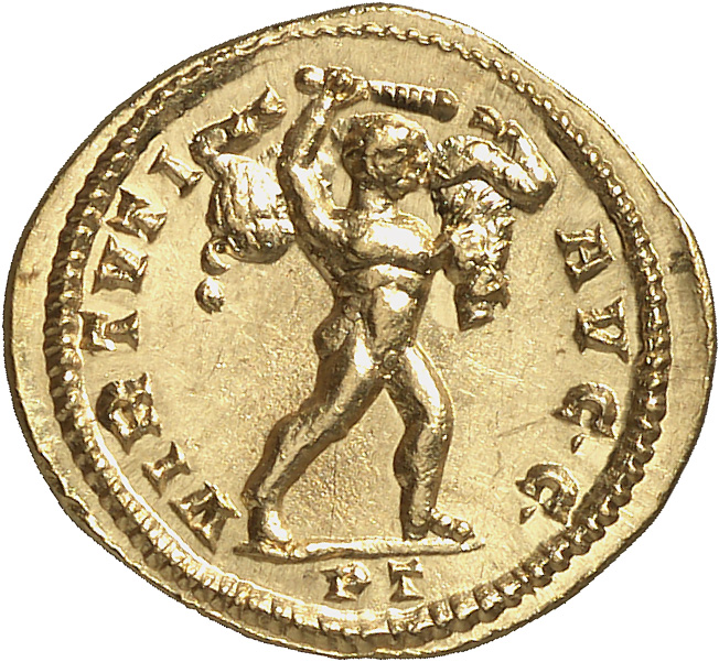 RIC VI Treveri 25 Maximian reverse, Hercules, advancing right, raising club in right hand and carrying Erymanthian boar on...