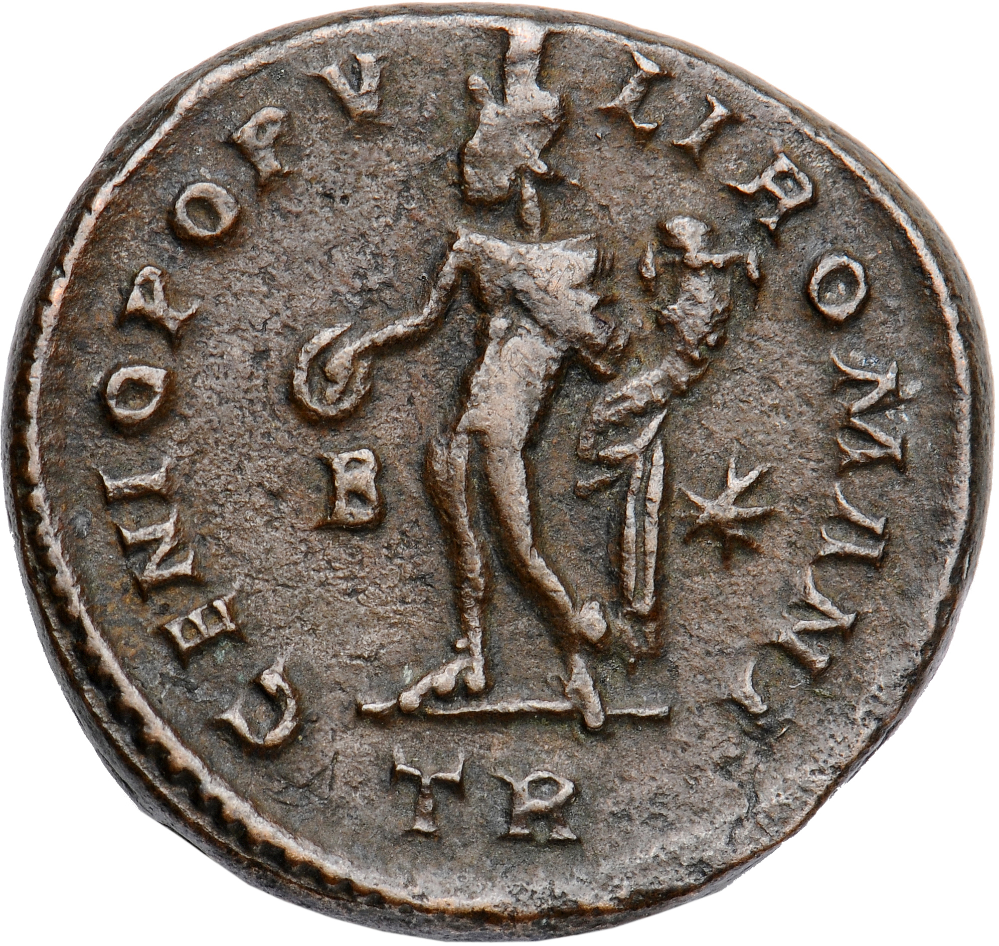 RIC VI Treveri 277b Maximian reverse, Genius, wearing modius, nude, chlamys draped over left shoulder, standing left, hold...