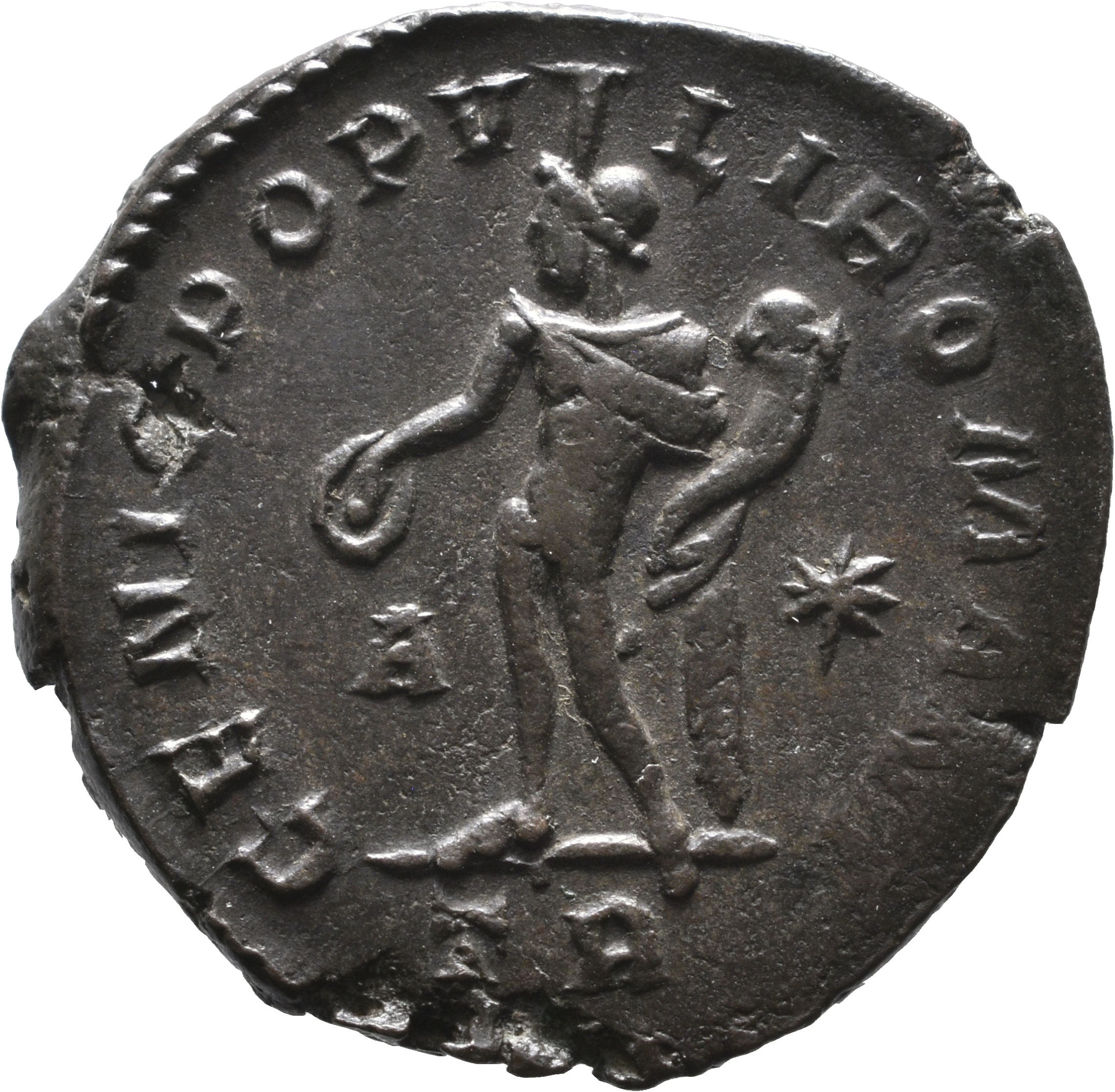RIC VI Treveri 291a Maximian reverse, Genius, wearing modius, nude, chlamys draped over left shoulder, standing left, hold...