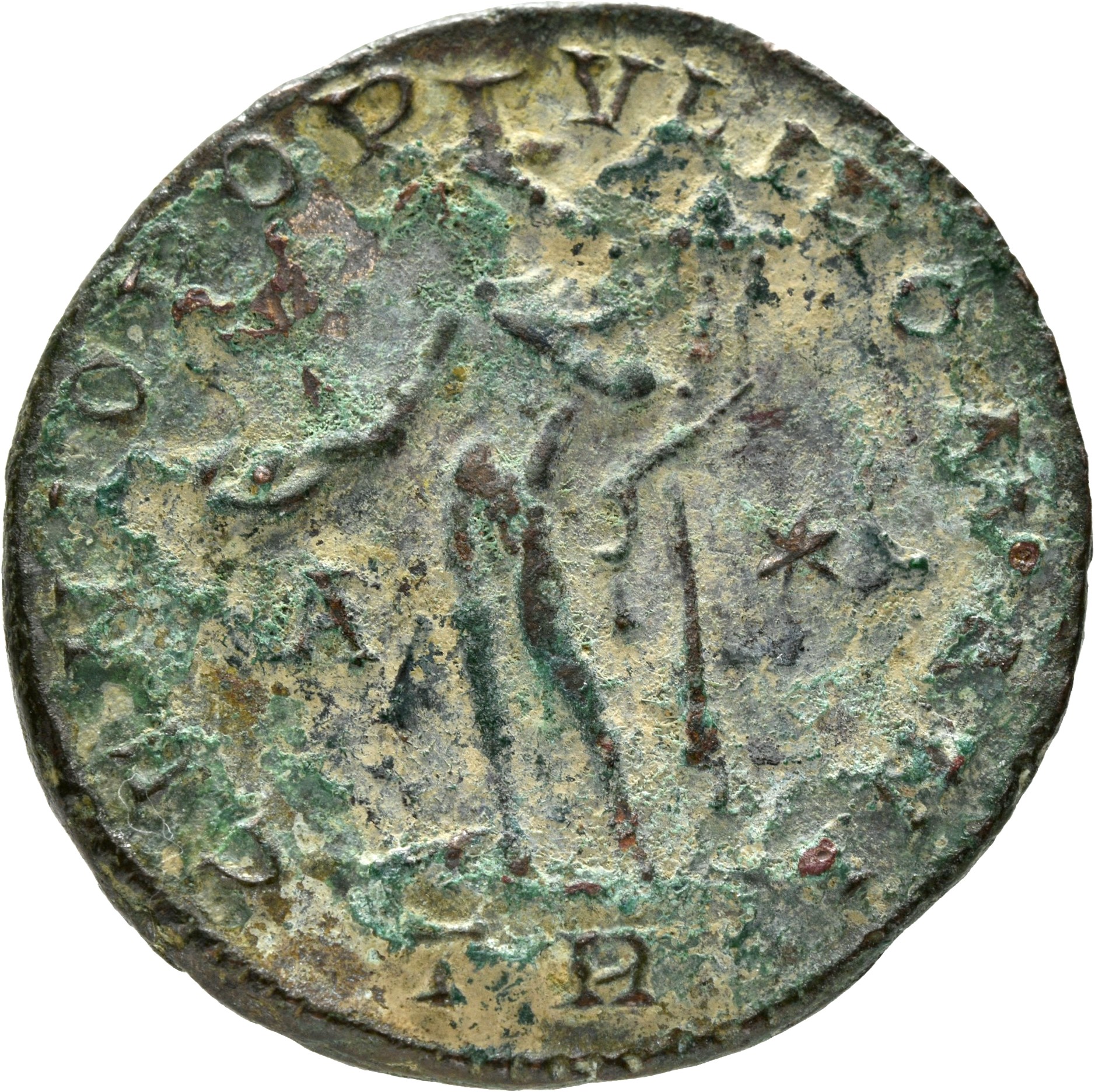 RIC VI Treveri 349b Maximian reverse, Genius, wearing modius, nude, chlamys draped over left shoulder, standing left, hold...