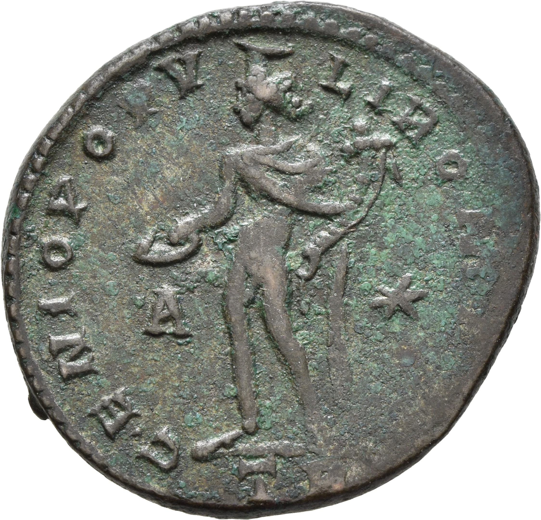 RIC VI Treveri 358b Maximian reverse, Genius, wearing modius, nude, chlamys draped over left shoulder, standing left, hold...