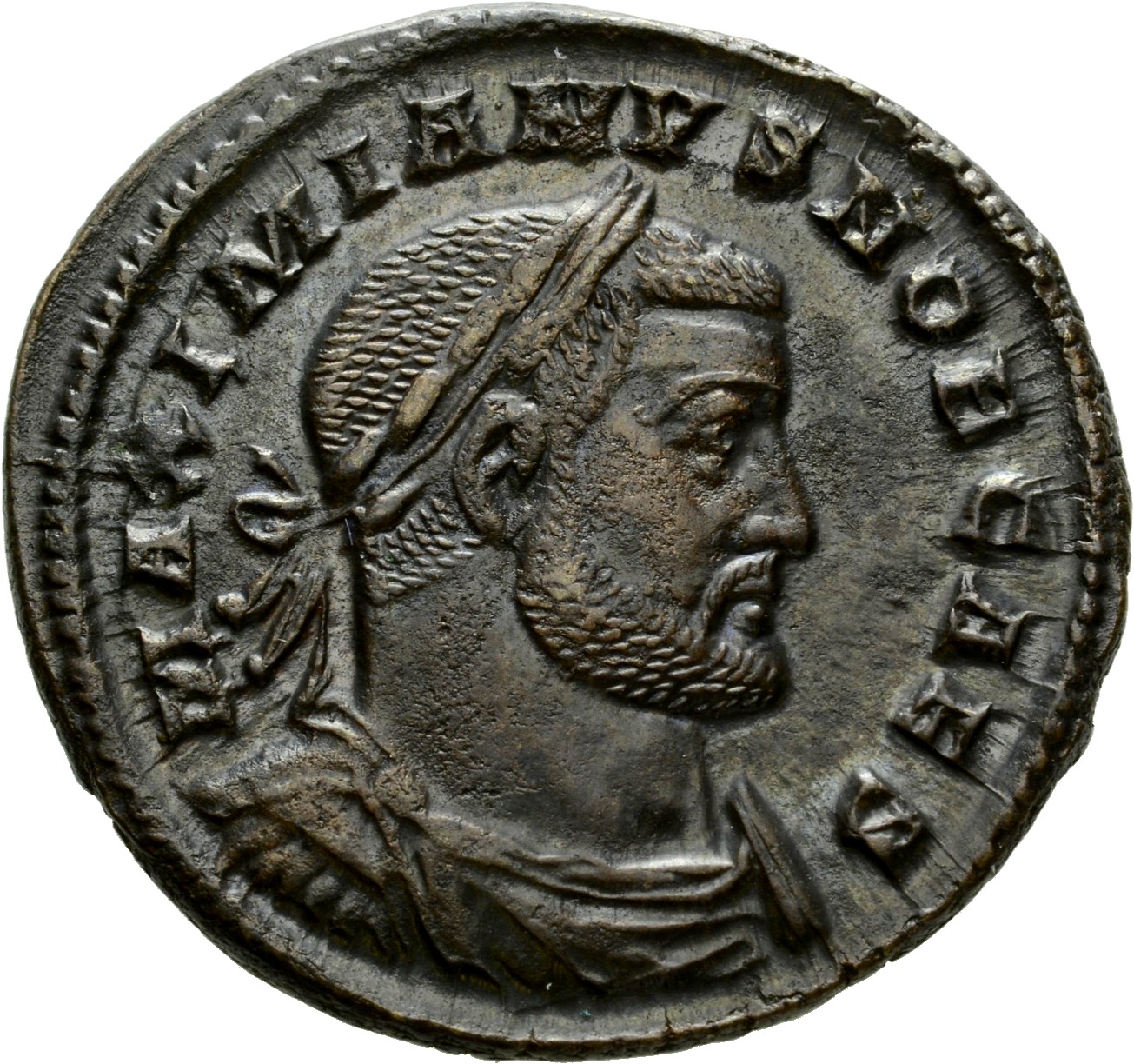 RIC VI Treveri 359b Maximian obverse, Bust of Galerius, laureate, draped, cuirassed, right
