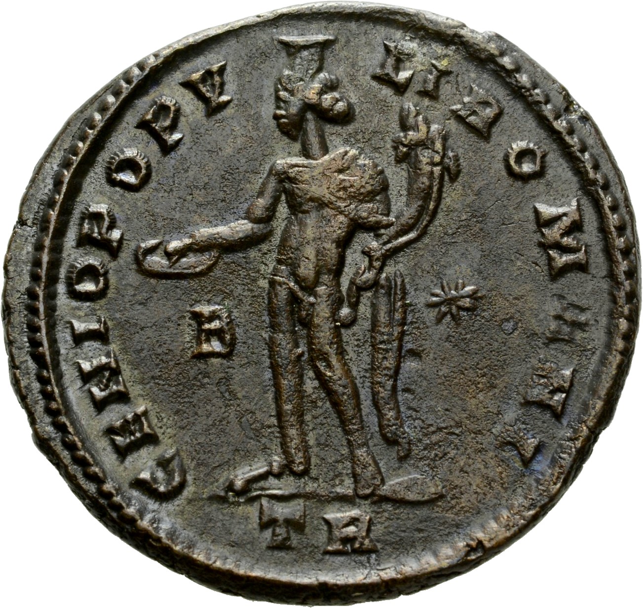 RIC VI Treveri 359b Maximian reverse, Genius, wearing modius, nude, chlamys draped over left shoulder, standing left, hold...