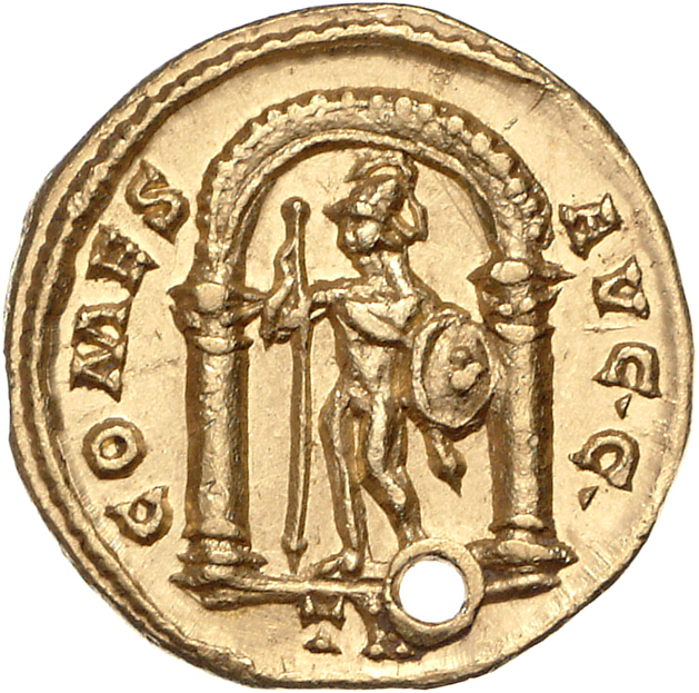 RIC VI Treveri 38 Maximian reverse, Mars, helmeted, nude, standing front, head left, in arched distyle temple, leaning on ...
