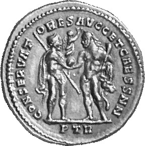 RIC VI Treveri 40 Maximian reverse, Jupiter, chlamys draped over right shoulder, standing right, holding sceptre in left h...