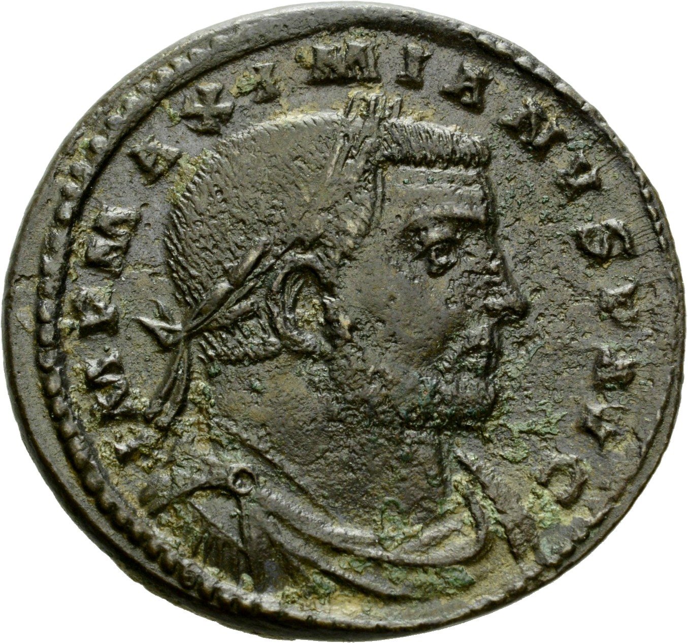 RIC VI Treveri 406 Maximian obverse, Bust of Maximian, laureate, draped, cuirassed, right