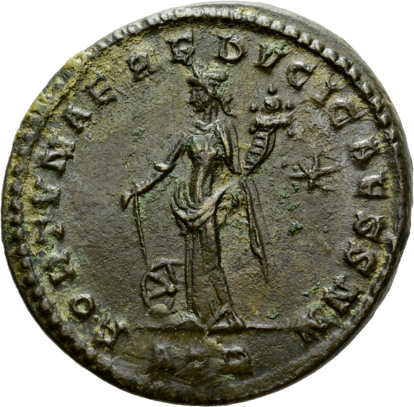RIC VI Treveri 406 Maximian reverse, Fortuna, draped, standing left (sometimes by wheel), holding rudder (or wand) over gl...