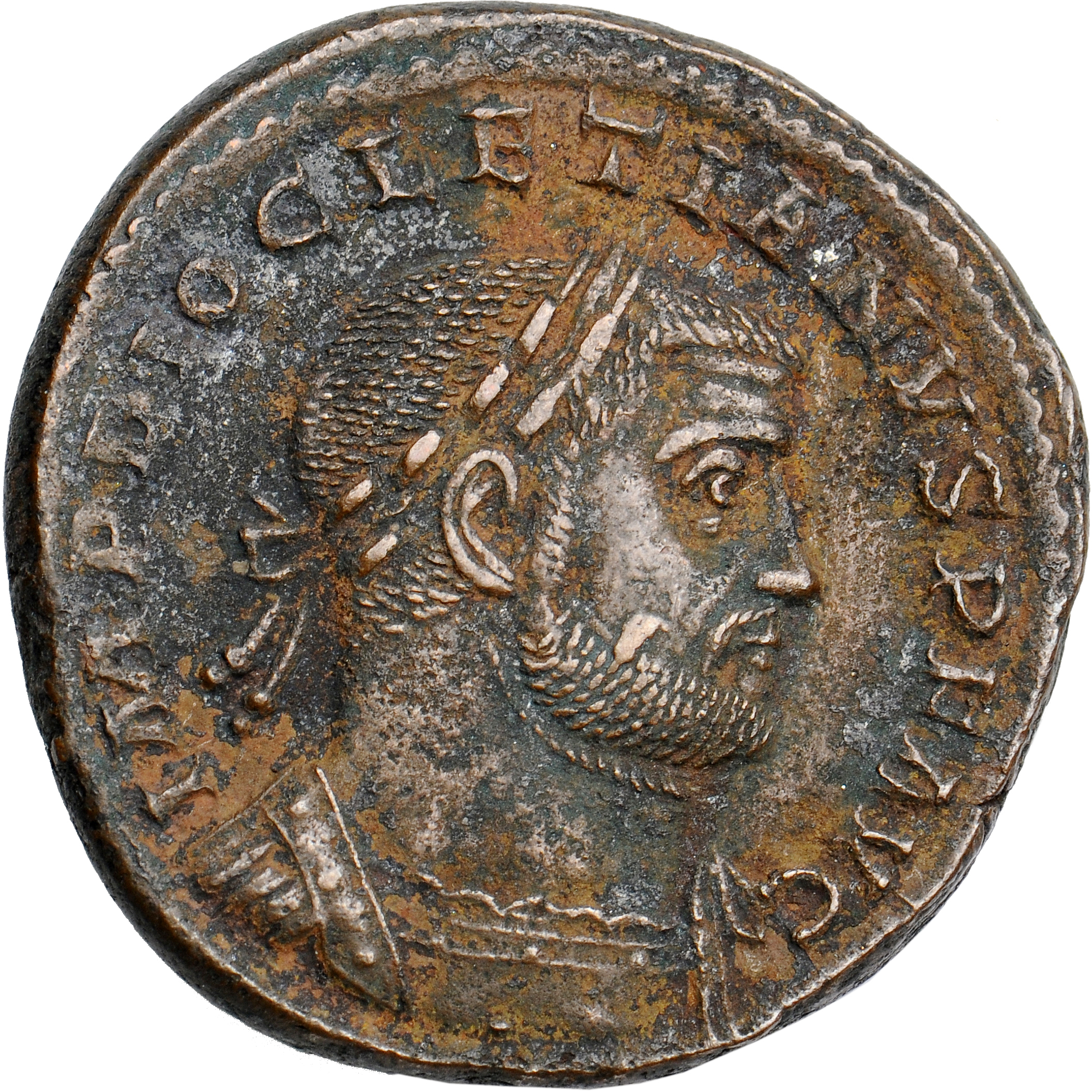 RIC VI Treveri 419a Maximian obverse, Bust of Diocletian, laureate, cuirassed, right