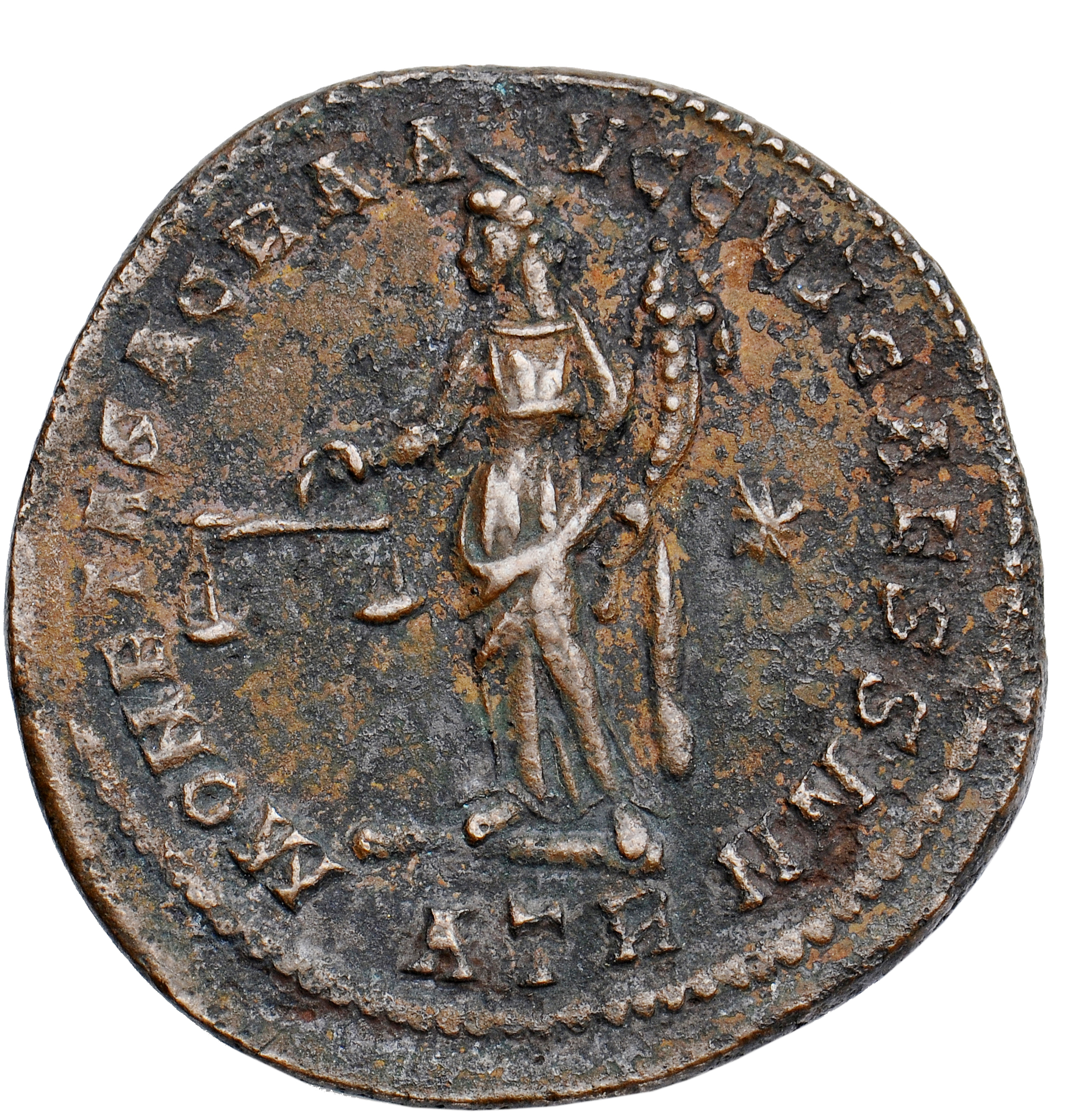 RIC VI Treveri 419a Maximian reverse, Moneta, draped, standing left, holding scales in right hand and cornucopiae in left ...