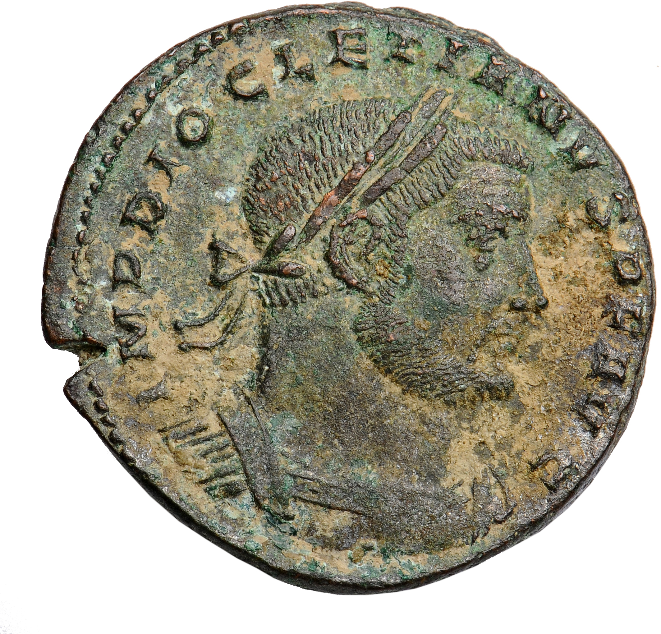 RIC VI Treveri 419a Maximian obverse, Bust of Diocletian, laureate, cuirassed, right