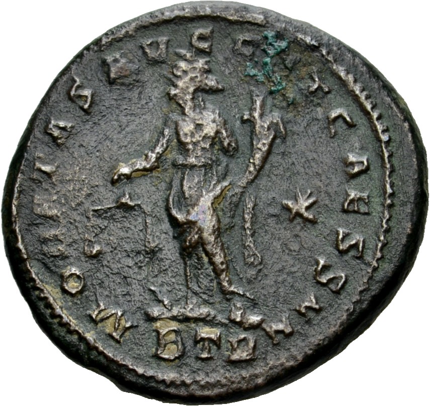RIC VI Treveri 445 Maximian reverse, Moneta, draped, standing left, holding scales in right hand and cornucopiae in left hand