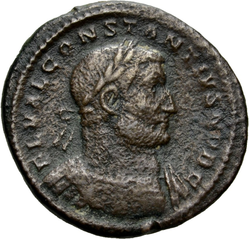 RIC VI Treveri 445 Maximian obverse, Bust of Constantius Chlorus, laureate, cuirassed, right