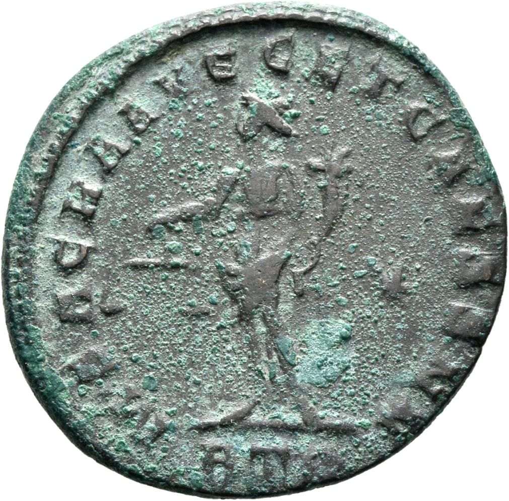 RIC VI Treveri 462b Maximian reverse, Moneta, draped, standing left, holding scales in right hand and cornucopiae in left ...
