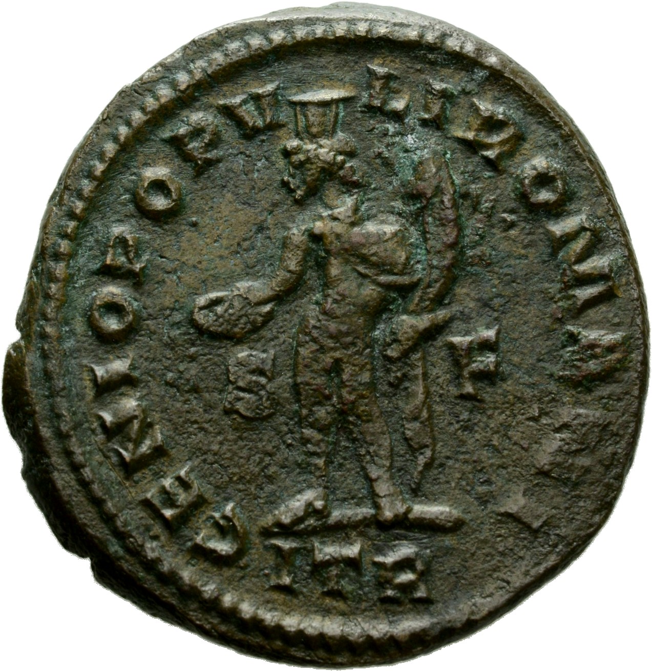 RIC VI Treveri 505 Maximian reverse, Genius, wearing modius, nude, chlamys draped over left shoulder, standing left, holdi...