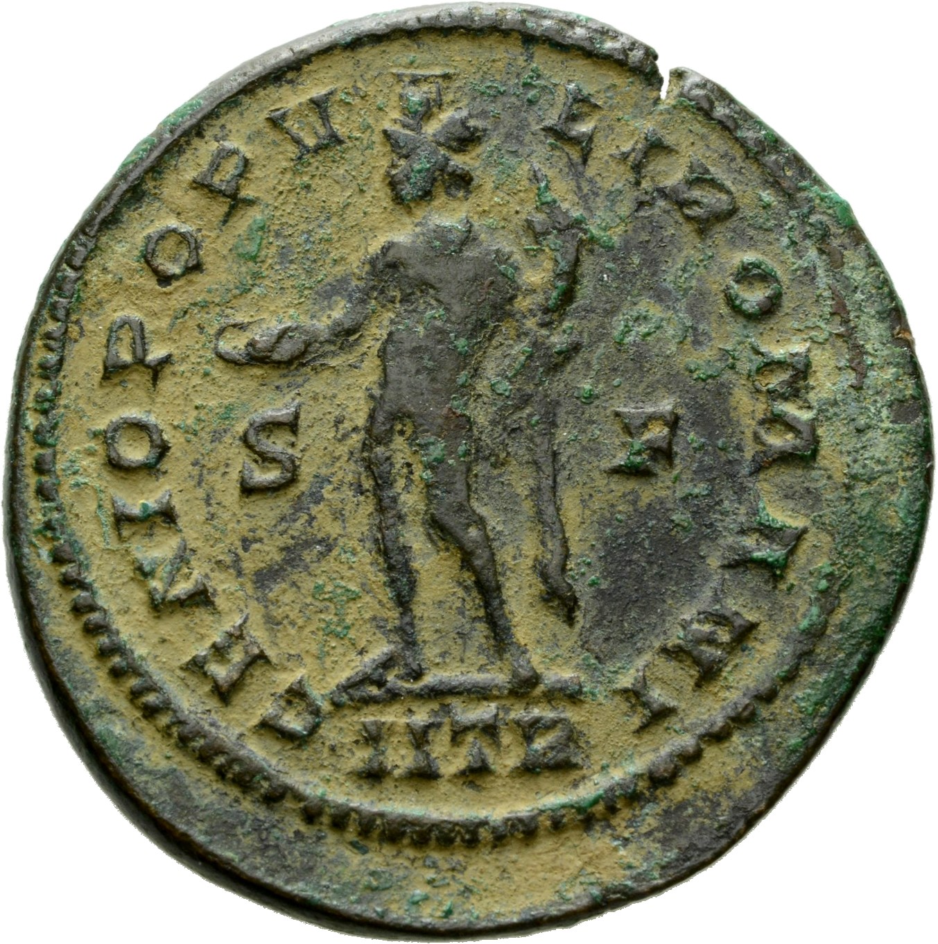 RIC VI Treveri 508b Maximian reverse, Genius, wearing modius, nude, chlamys draped over left shoulder, standing left, hold...