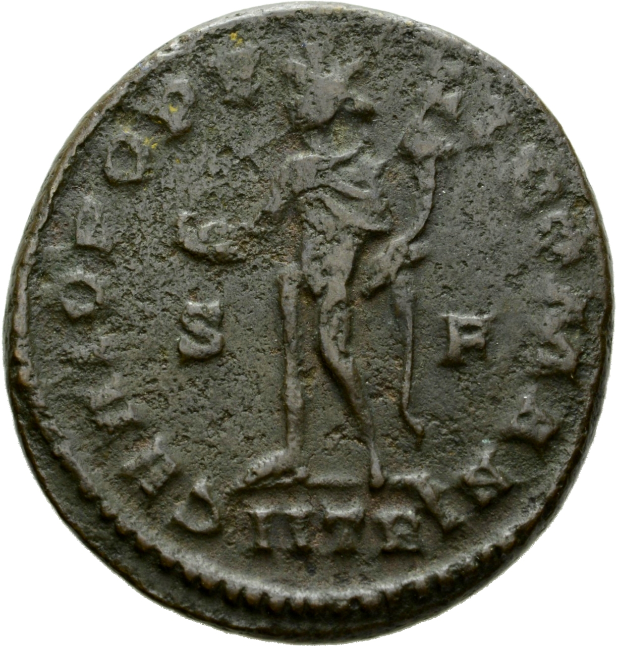 RIC VI Treveri 530b Maximian reverse, Genius, turreted, nude, chlamys draped over left shoulder, standing left, holding pa...