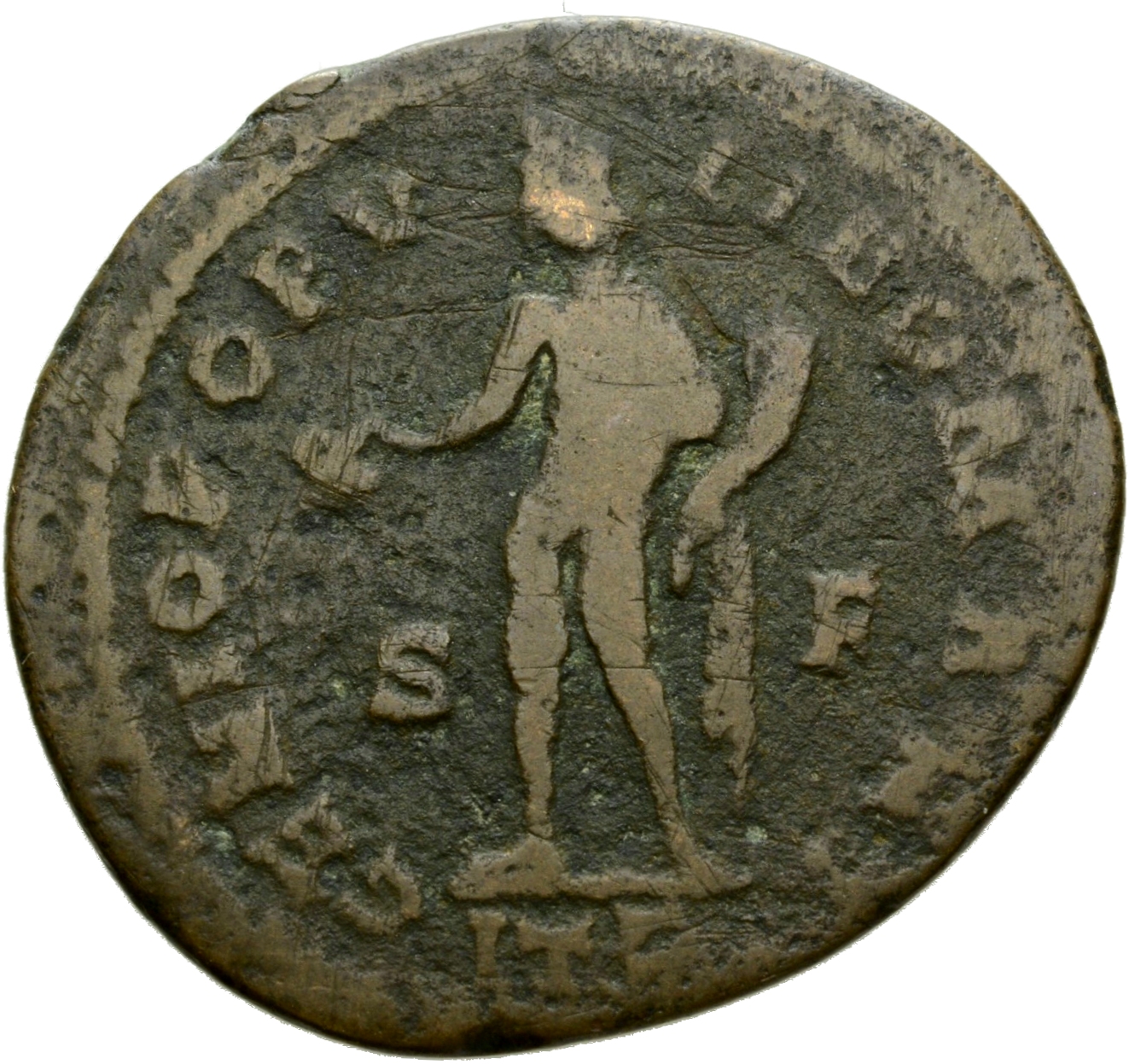 RIC VI Treveri 532 Maximian reverse, Genius, turreted, nude, chlamys draped over left shoulder, standing left, holding pat...