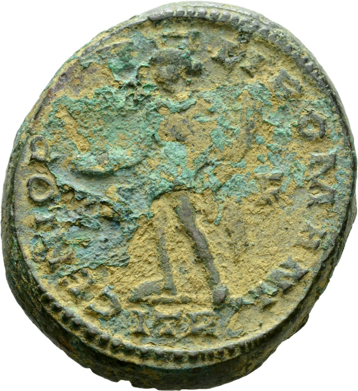 RIC VI Treveri 536a Maximian reverse, Genius, turreted, nude, chlamys draped over left shoulder, standing left, holding pa...