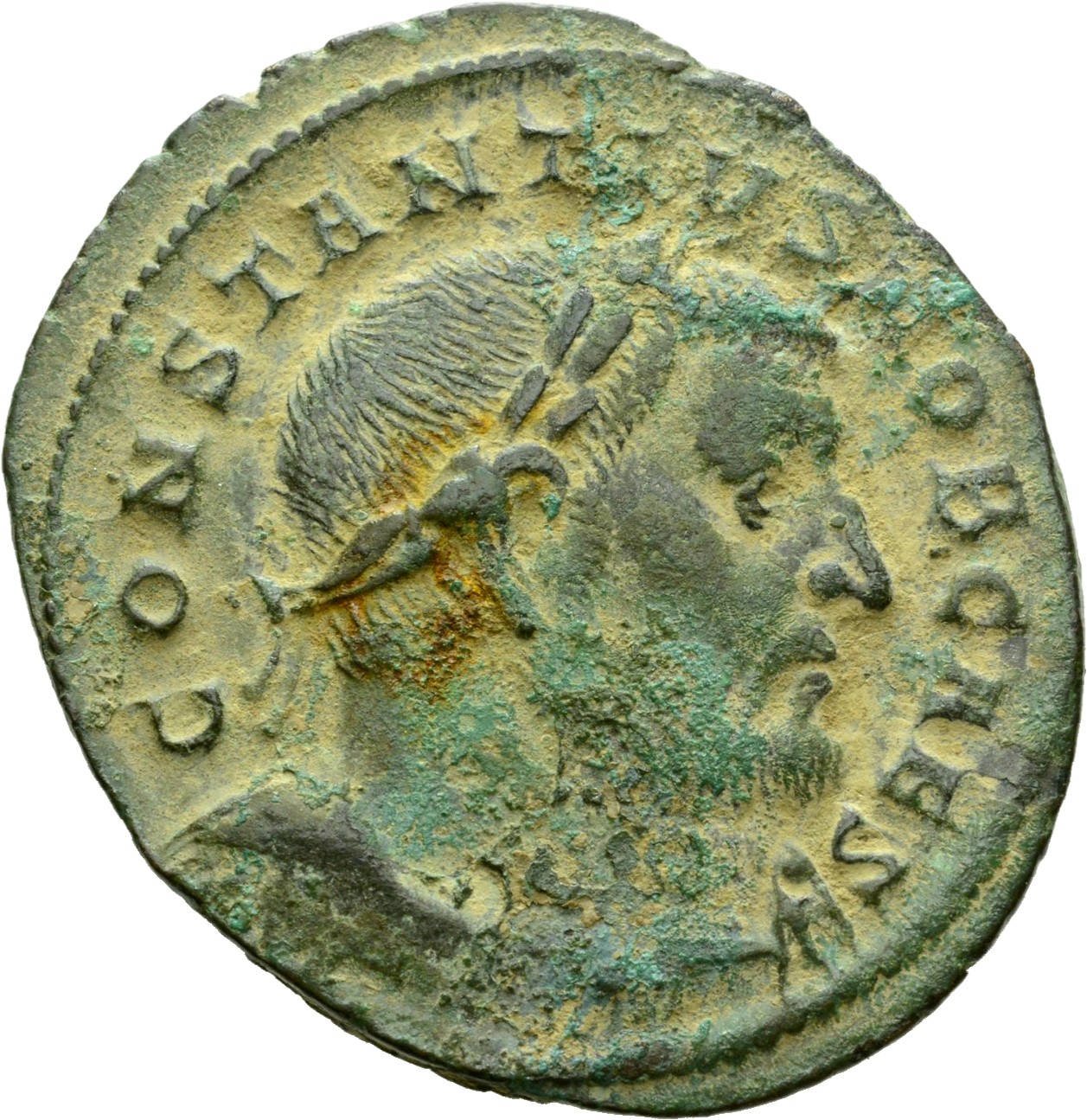 RIC VI Treveri 536a Maximian obverse, Bust of Constantius Chlorus, laureate, draped, cuirassed, right