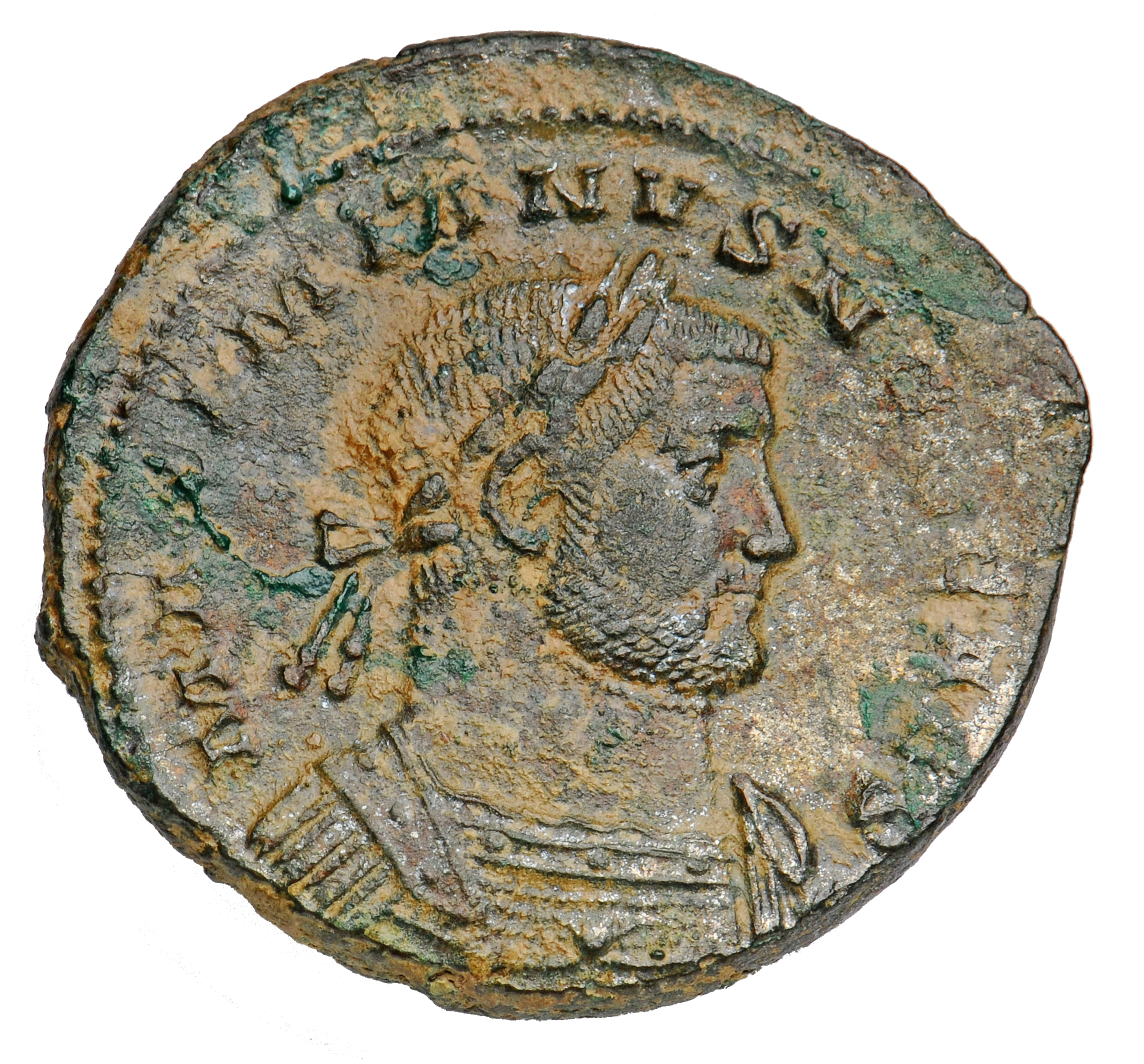 RIC VI Treveri 560 Maximian obverse, Bust of Galerius, laureate, cuirassed, right