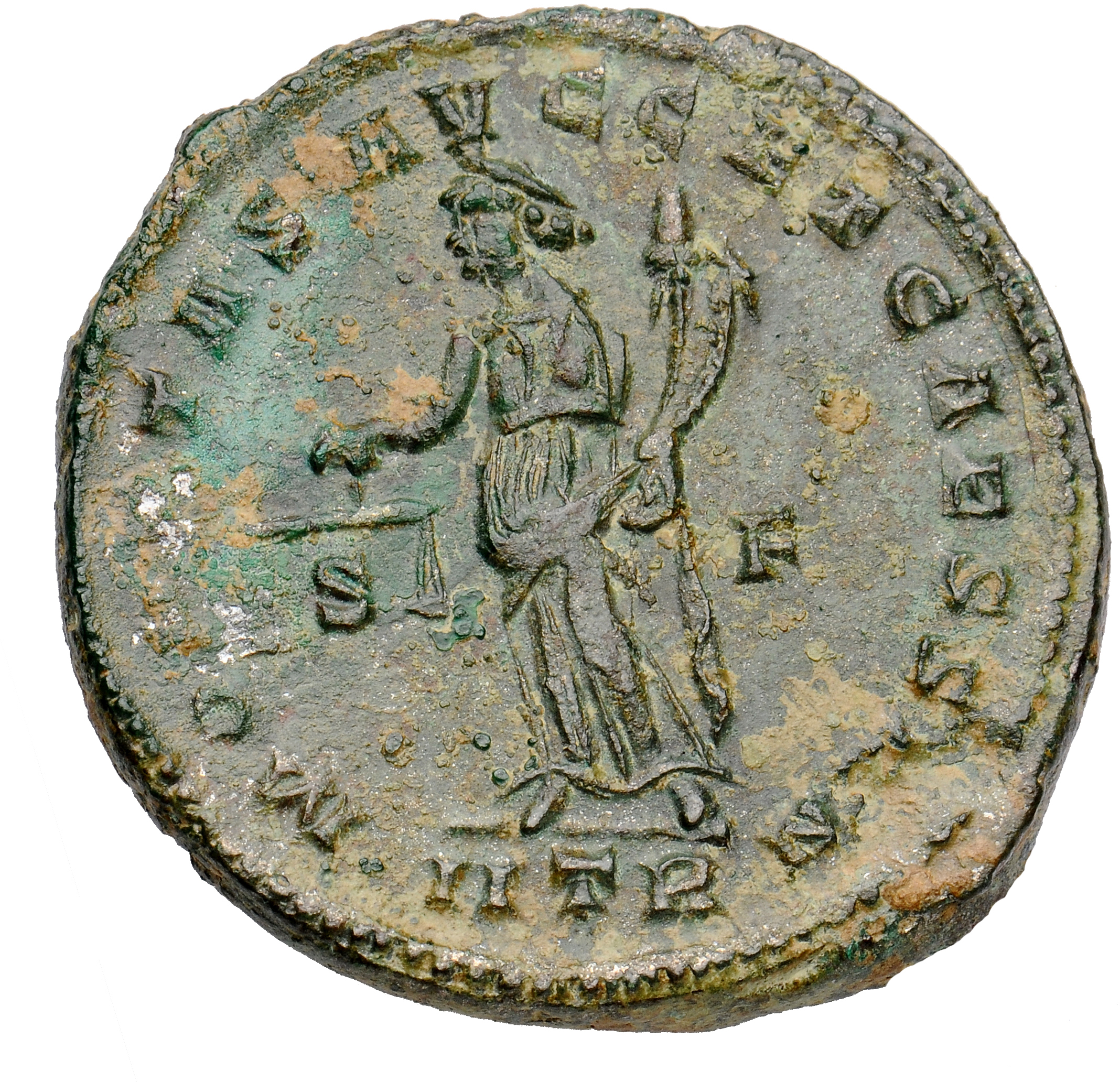 RIC VI Treveri 560 Maximian reverse, Moneta, draped, standing left, holding scales in right hand and cornucopiae in left hand