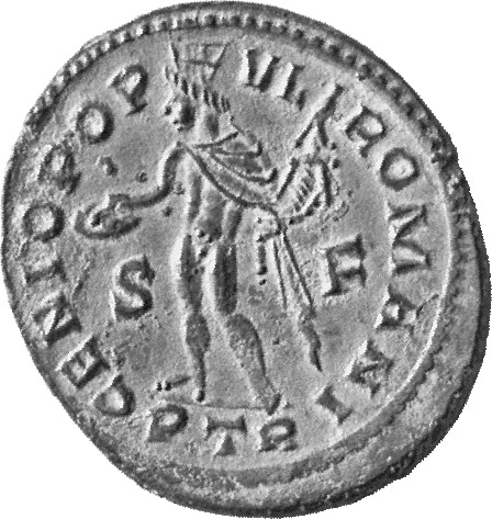 RIC VI Treveri 573 Maximian reverse, Genius, turreted, nude, chlamys draped over left shoulder, standing left, holding pat...