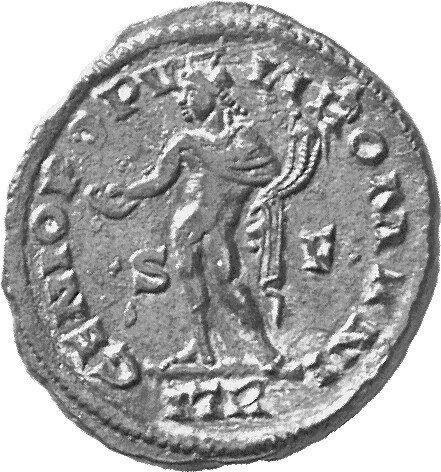 RIC VI Treveri 576b Maximian reverse, Genius, turreted, nude, chlamys draped over left shoulder, standing left, holding pa...