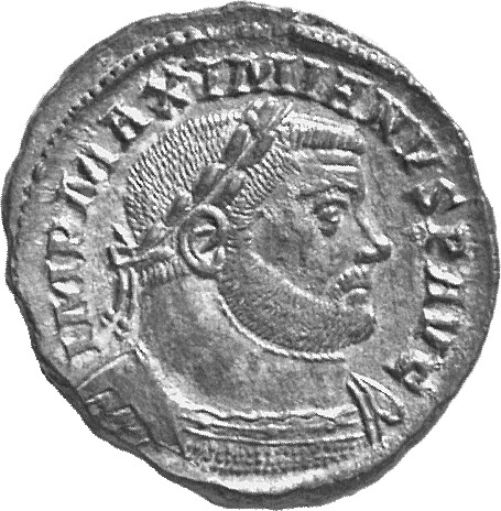RIC VI Treveri 576b Maximian obverse, Bust of Maximian, laureate, cuirassed, right