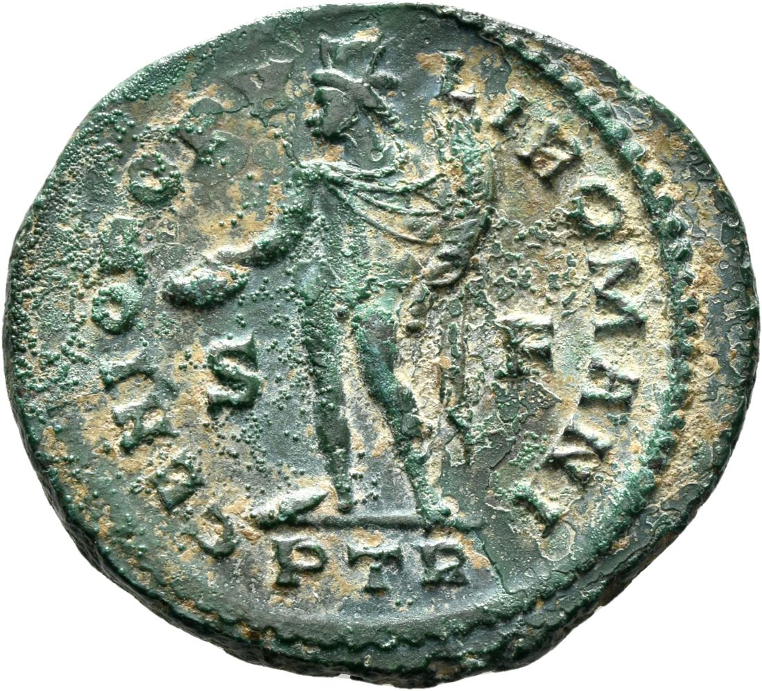 RIC VI Treveri 582a Maximian reverse, Genius, turreted, nude, chlamys draped over left shoulder, standing left, holding pa...