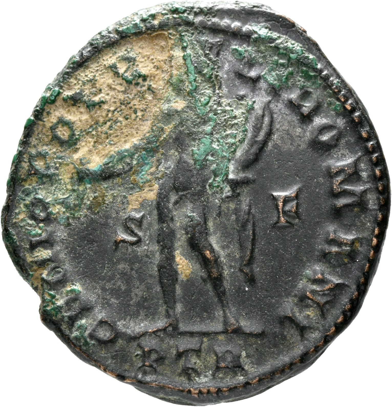 RIC VI Treveri 582b Maximian reverse, Genius, turreted, nude, chlamys draped over left shoulder, standing left, holding pa...